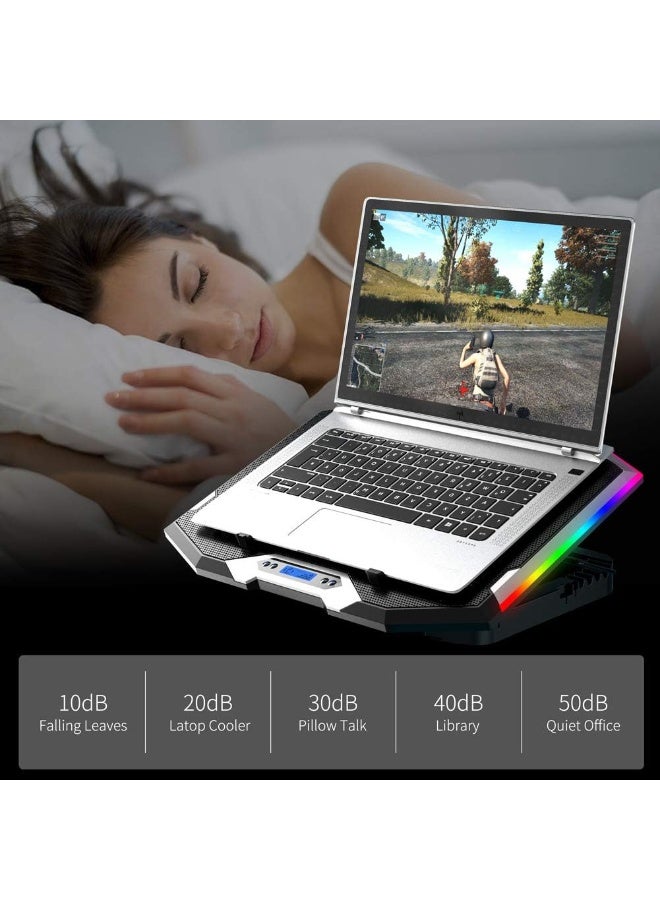 آيس كوريل قاعدة تبريد ICE COOREL لأجهزة الكمبيوتر المحمولة المخصصة للألعاب، مقاس 15-17.3 بوصة، مزودة بـ 6 مراوح تبريد، وحامل تبريد قابل لتعديل الارتفاع بستة مستويات، وإضاءة RGB، وشاشة LCD، ومنفذي USB، وحامل للهاتف. - Image 5